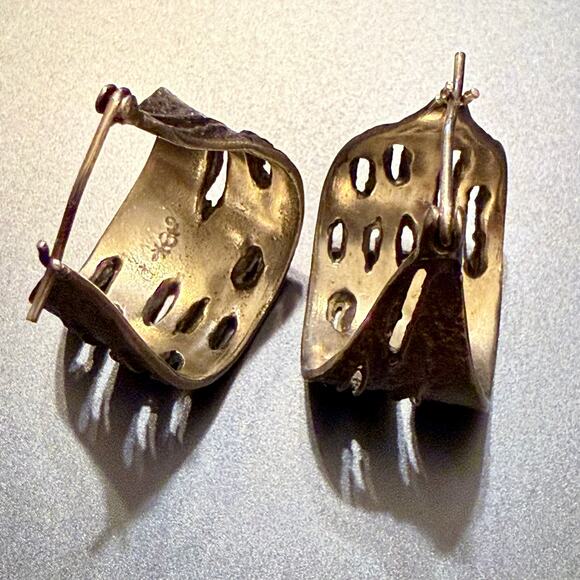 Signed Artisan Brutalist Silver Hoop Earrings - Picture 6 of 7